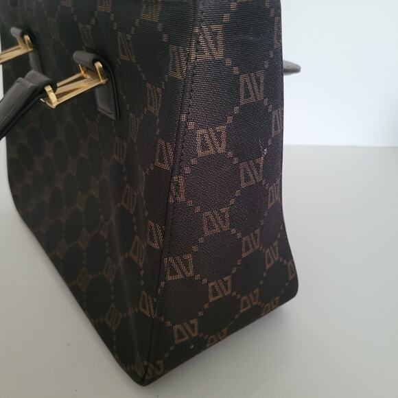 DIANA VALENTINO Study Handbag Tote Bag Brown Canvas Monogramed Medium Vintage - Picture 4 of 8